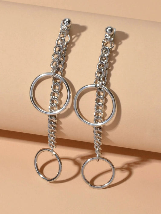 Punk Style Silver Chain Circle Dangle Earrings Ear Jacket Women Teen Accessories