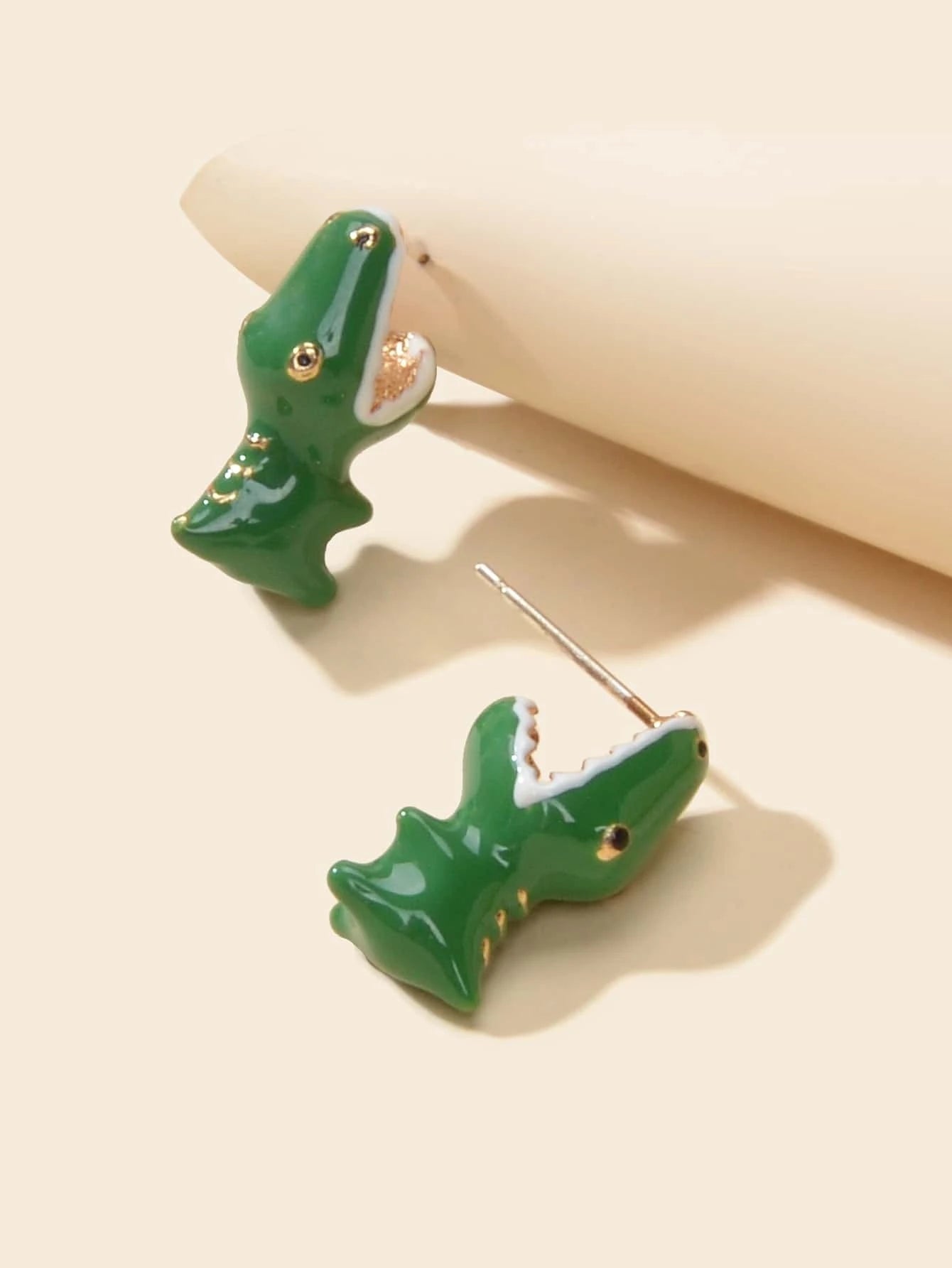 Punk Rock Jewelry Green Enamel Crocodile Head Statement Stud Earrings Teens Gift