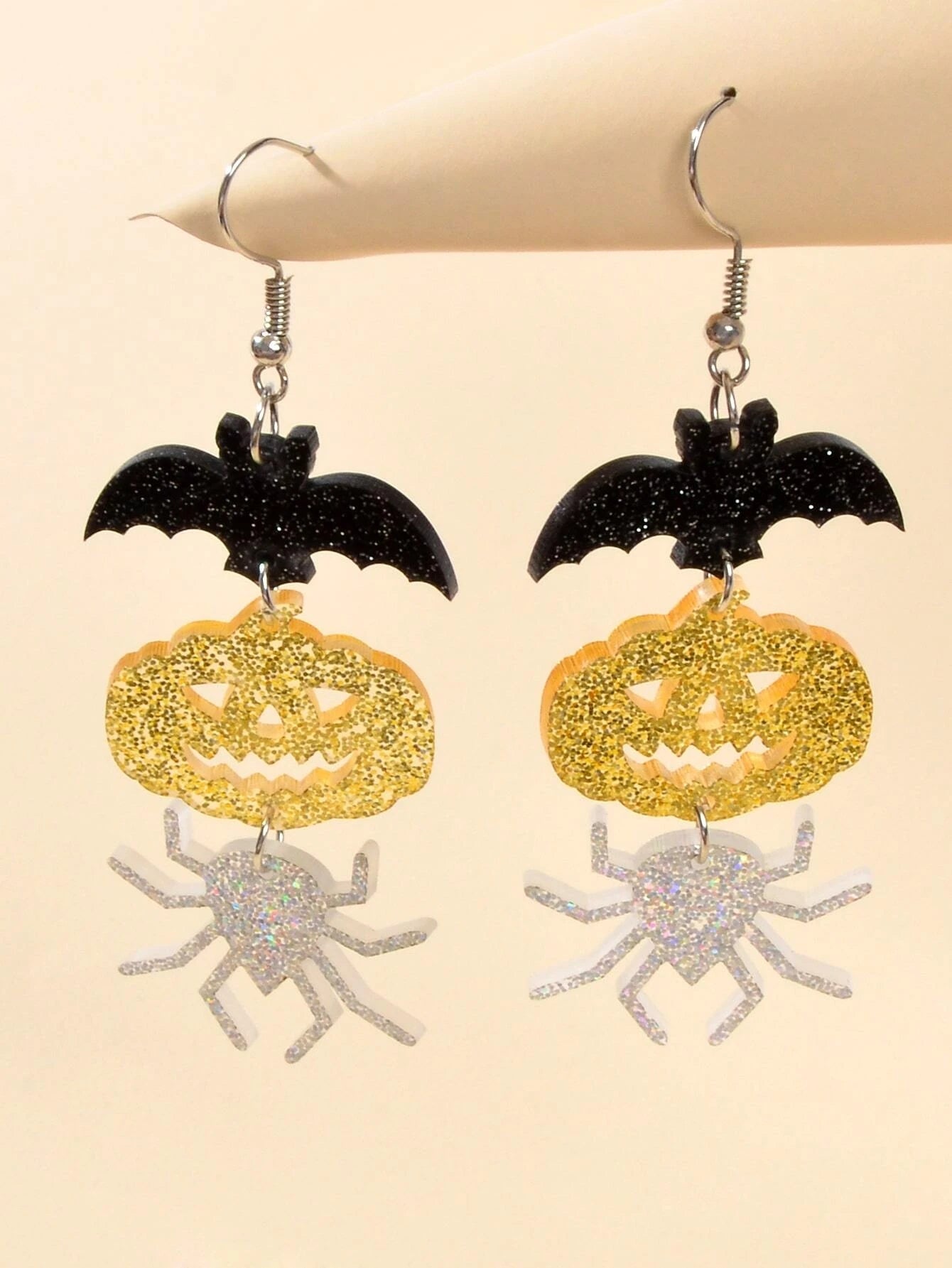 Halloween Gothic Acrylic Black Bat Spider Pumpkin Statement Drop Earrings Party