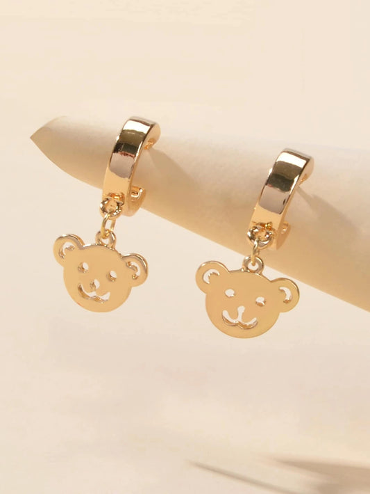 Gold Bear Hoop Drop Earrings Women Cartoon Stud Cute Gift Teens Textured Jewelry