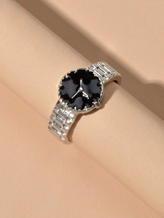 Black Enamel Watch Design Silver Fashion Women Cute Finger Ring Wholesale Price