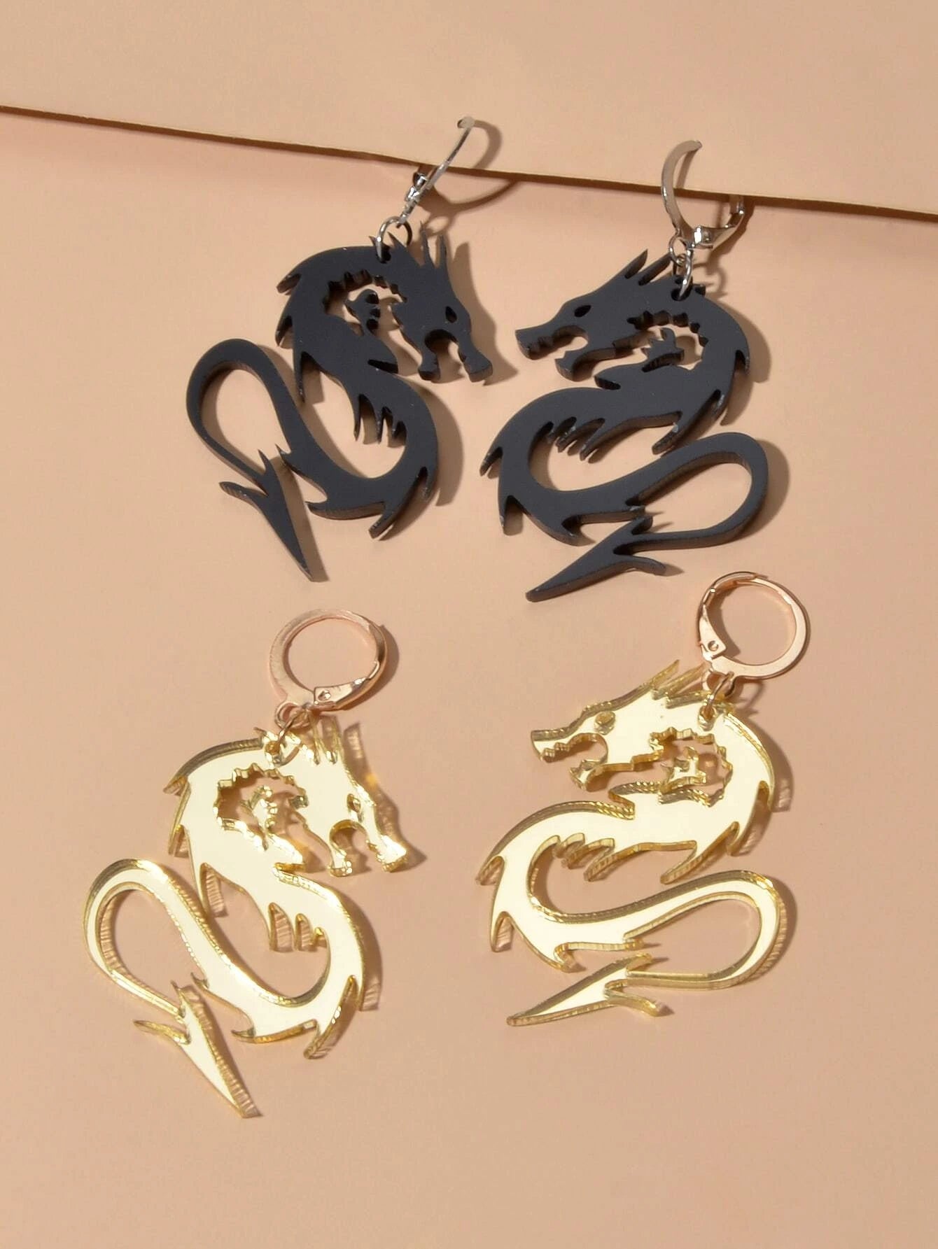 2pairs Hiphop Jewellery Acrylic Black Gold Dragon Drop Earrings Punk Accessories