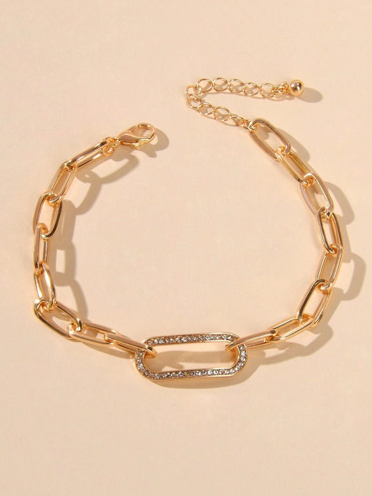 Rhinestone Decor Geometric Gold Chunky Solid Chain Bracelet Women Teens Jewelry