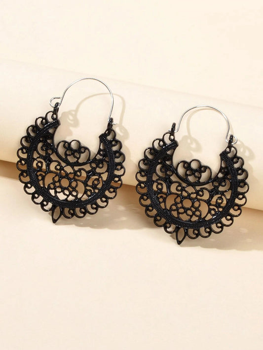 Traditional Black Hollow out Geometric Flower Hoop Earrings Designer Jewellery