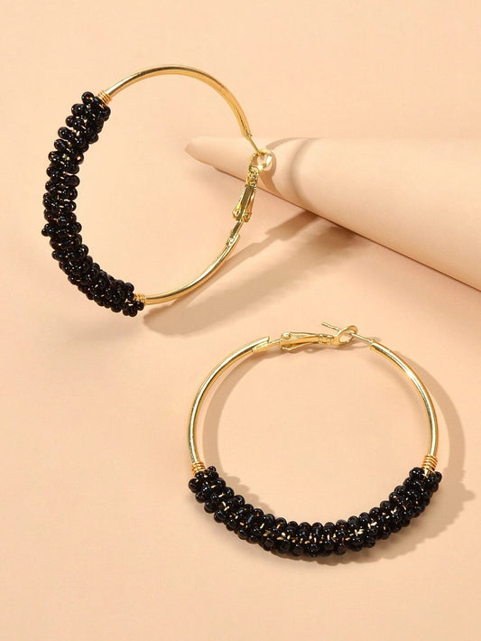 Bohemian Jewellery Handmade Black Beads Big Hoop Earrings Ethnic Women Accessory