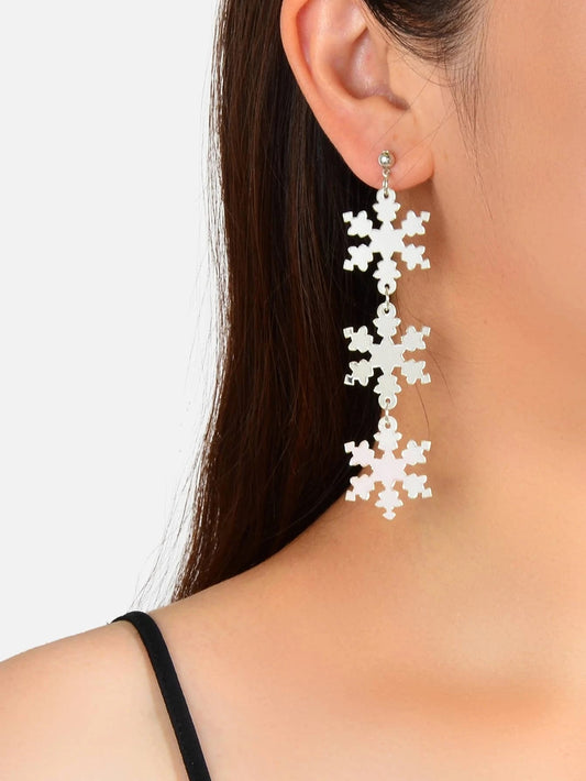 Christmas Jewellery Silver Long Resin Acrylic Snowflake Big Dangle Stud Earrings