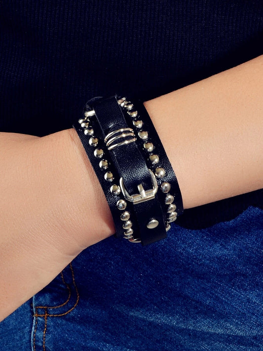 Punk Jewellery Spike Metal Decor Black Leather Belt Bracelet Wrist Cuff Bangle