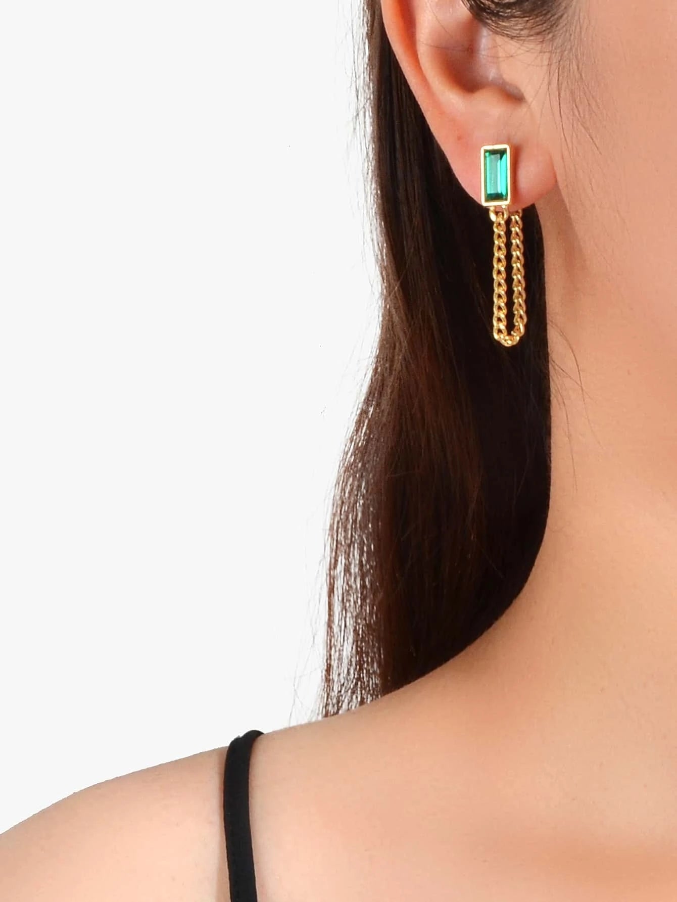 Gold Tone Chain Green Square Drop Dangle Earrings Ear Jacket Tassel Stud Jewelry