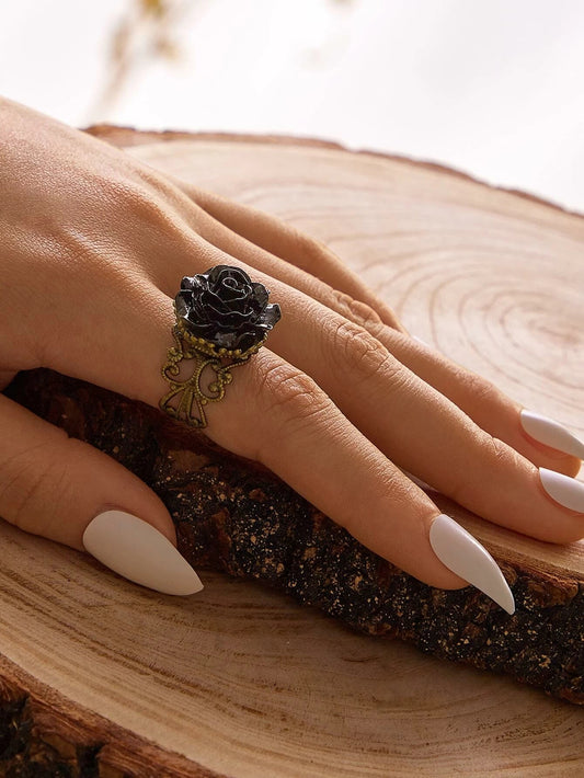 Retro Gothic Jewellery Resin Flower Open Cuff Finger Ring Antique Accessories