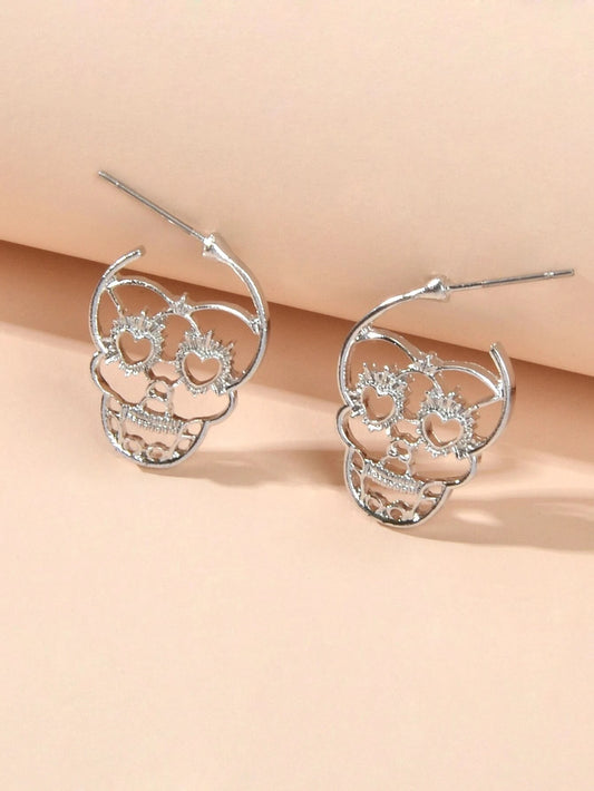 Silver Hollow out Halloween Skull Statement Stud Earrings Women Punk Jewellery