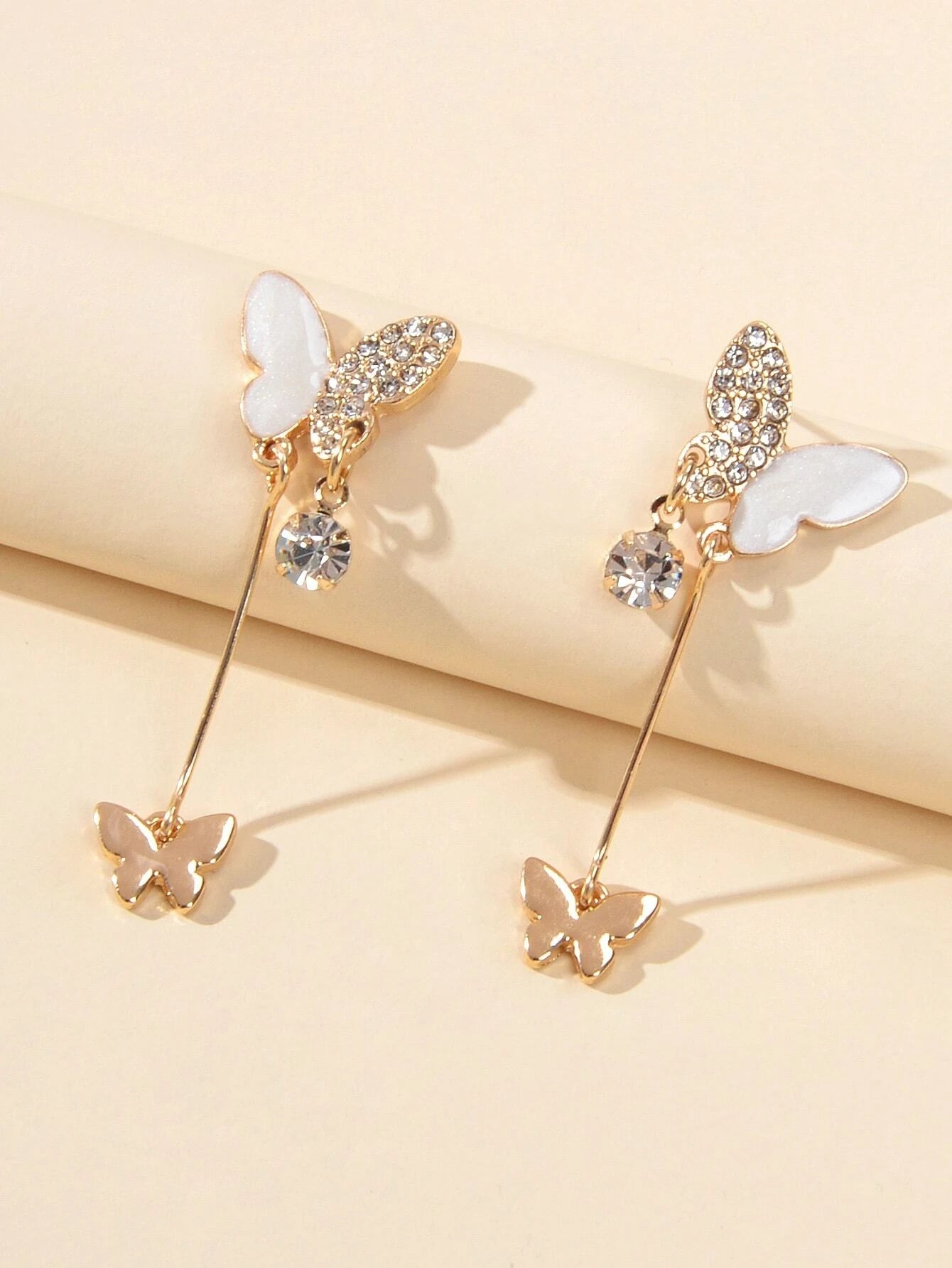 White Enamel Rhinestone Butterfly Pendant Earrings Dainty Gifts for Women Teens