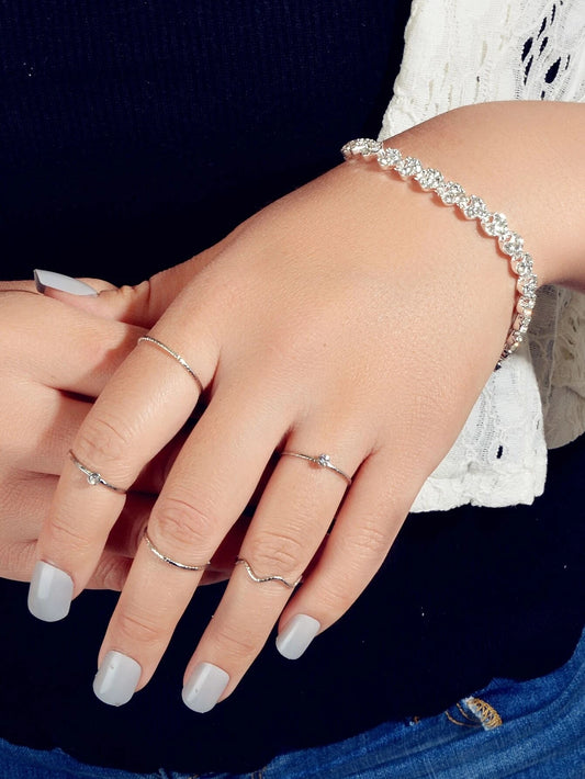 1pc Rhinestone Tennis Bracelet 5pcs Silver Midi Finger Knuckle Rings Set Jewelry