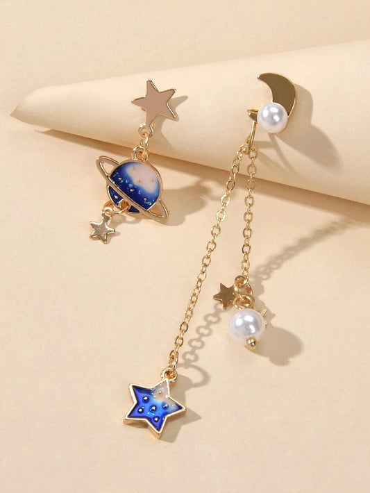 Asymmetric Pearl Star Planet Gold Chain Dangle Pierced Designer Jewelry Earrings