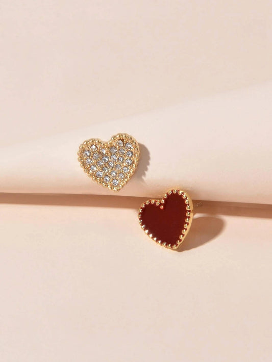 Full Rhinestone Red Enamel Heart Asymmetric Stud Gift Earrings For Women Teens