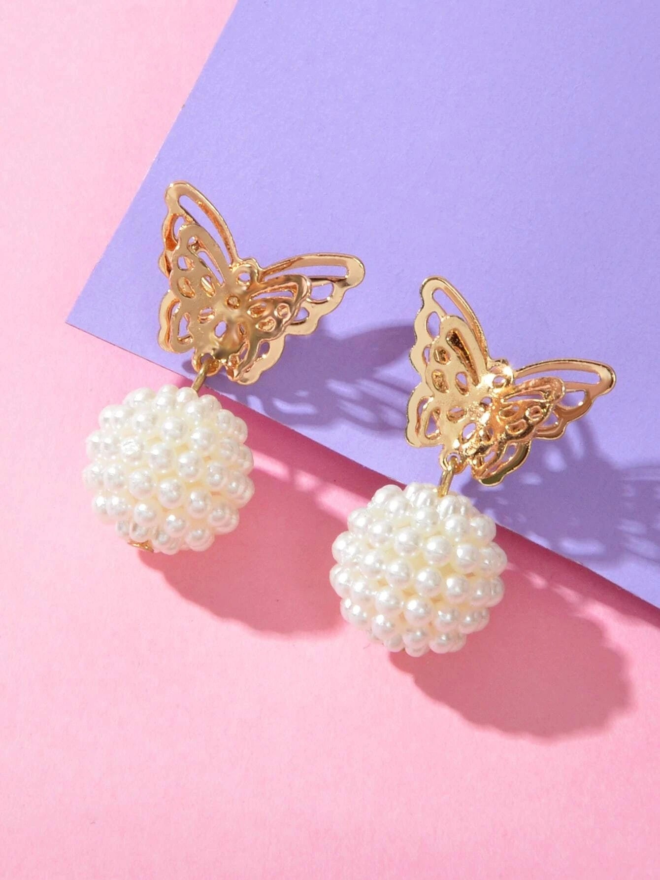 Faux Pearl Ball Gold Tone Butterfly Stud Earrings Women Teens Textured Jewellery