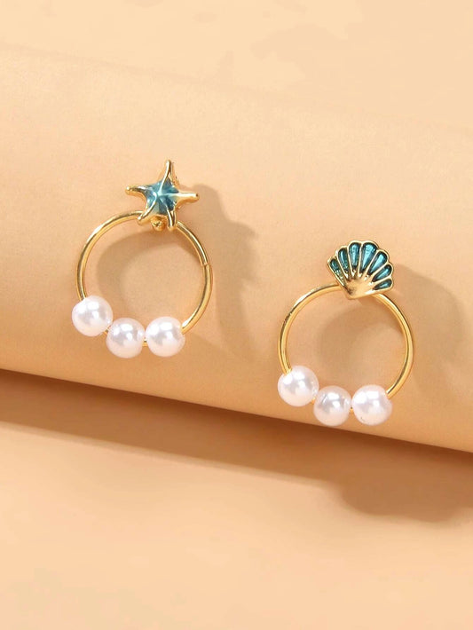 Fashion Jewellery Gold Circle Starfish Shell Asymmetric Stud Earrings Accessory