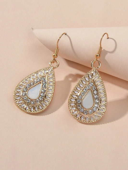 Rhinestone Decor White Crystal Water Drop Dangle Earrings Bohemian Accessories