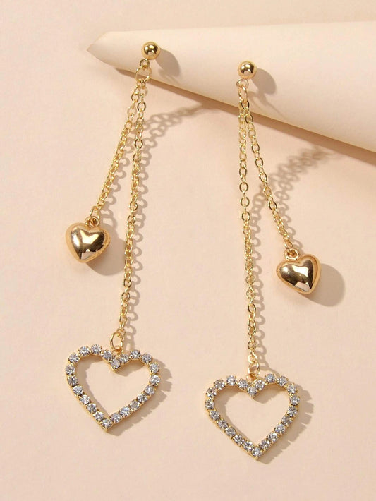 Rhinestone Gold Colour Chain Love Heart Charm Long Tassel Earrings Lover Gift