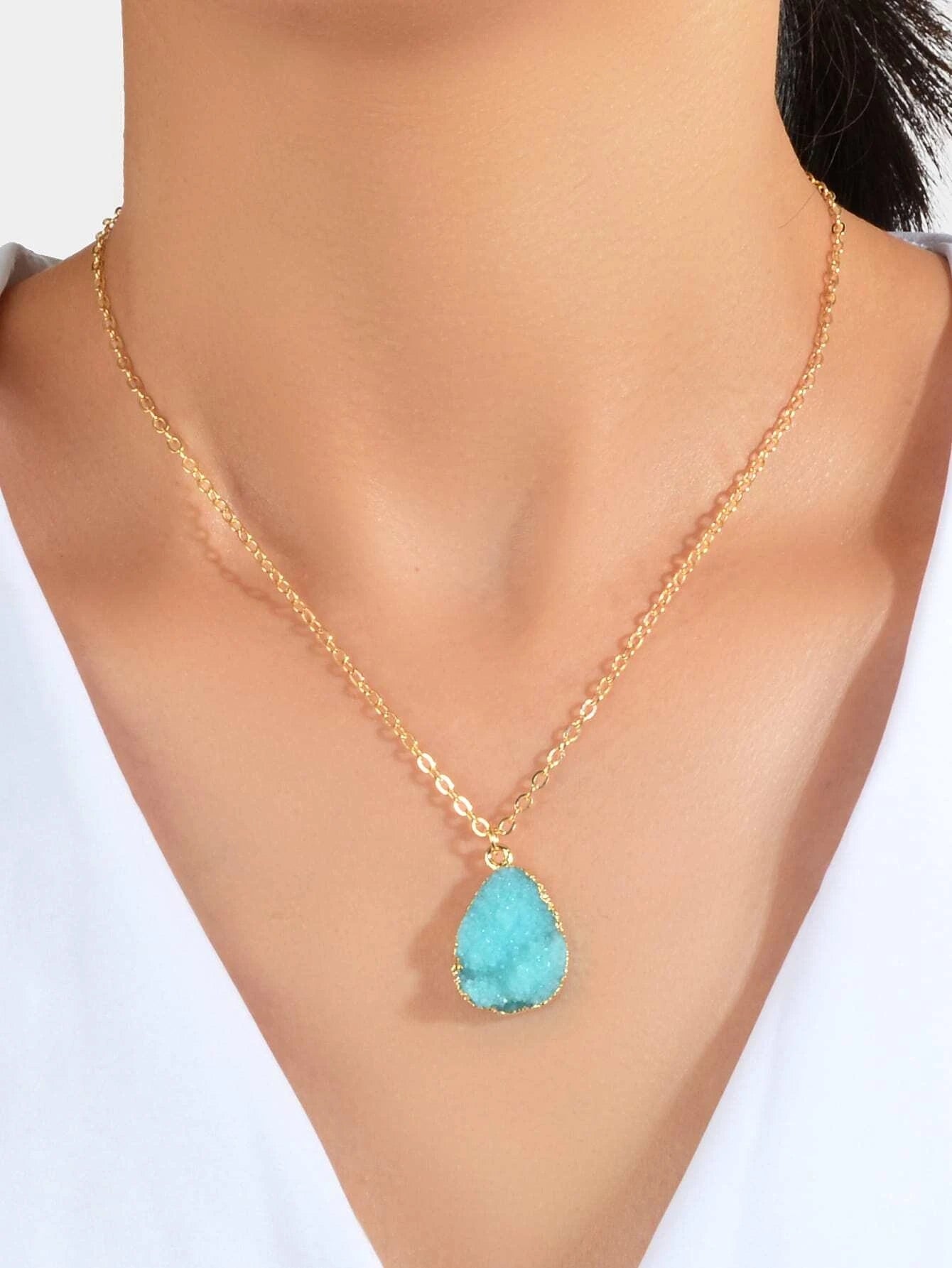 Boho Chic Gold Chain Colorful Stone Resin Water Drop Pendant Ethnic Necklace