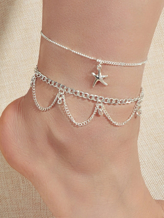 2pcs Fashion Foot Beach Jewellery Silver Chain Tassel Starfish Charm Anklet Gift