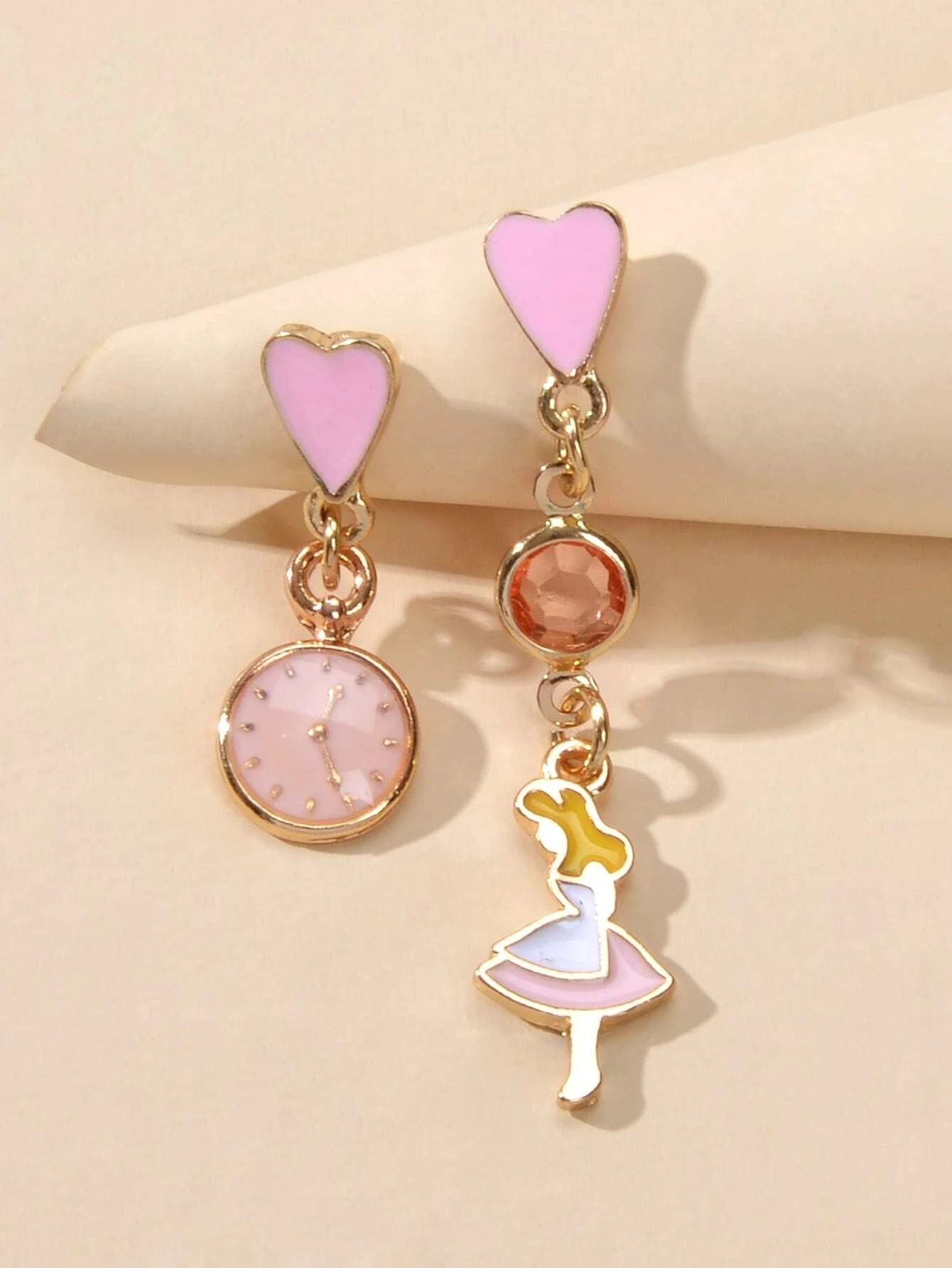 Cartoon Pink Heart Clock Dancer Asymmetric Drop Earrings Women Girls Dainty Gift