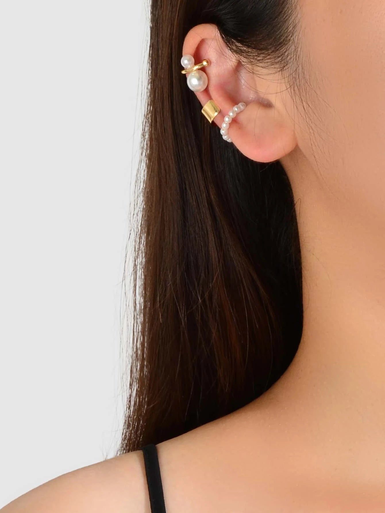 Fashion Pearl Gold Metal 3 pcs Ear Cuff Cartilage Earrings set Party Jewellery