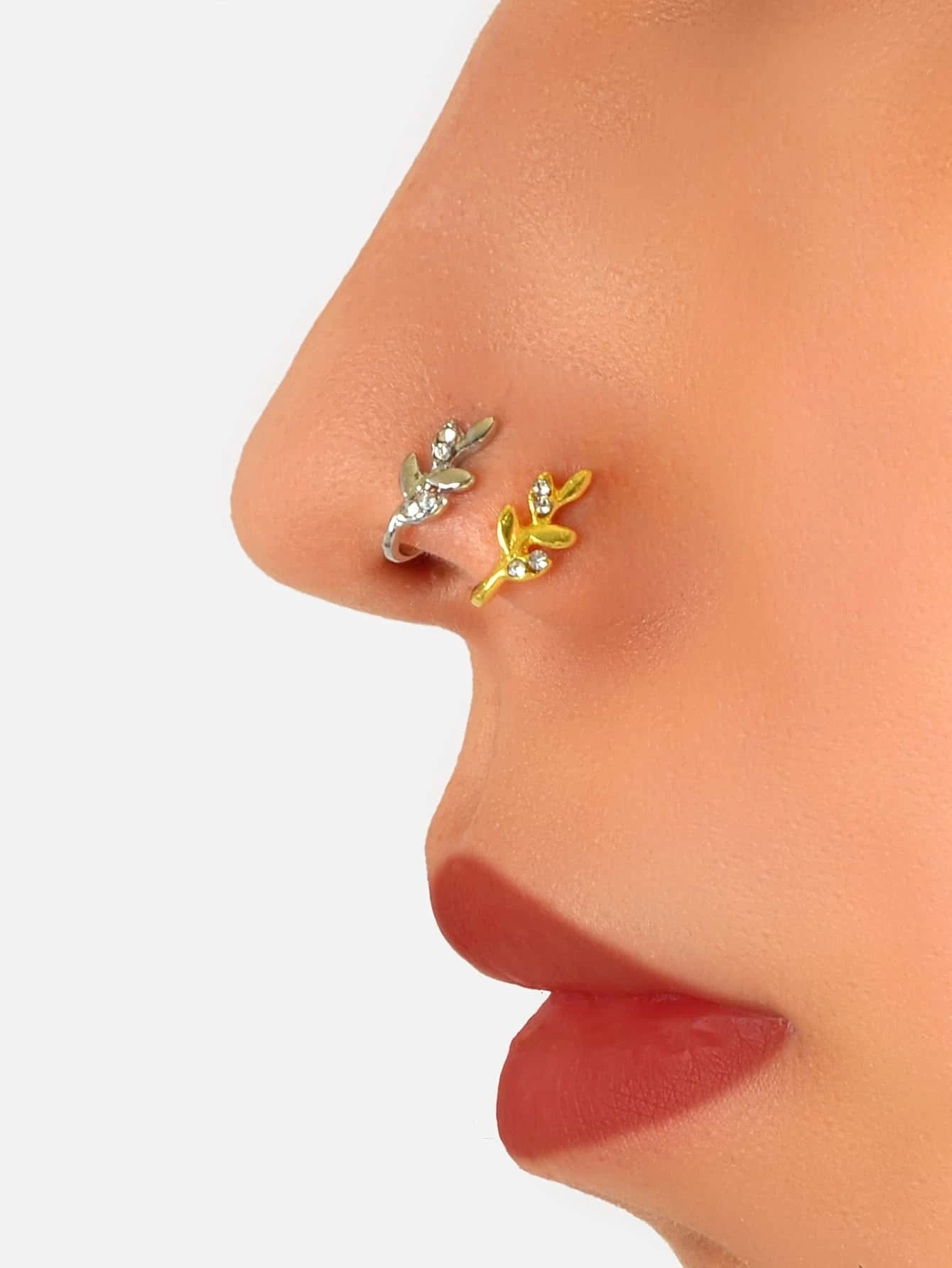 2pcs Gold Silver Rhinestone Leaf Fake Nose Ring Lip Nose Body Piercing Jewellery