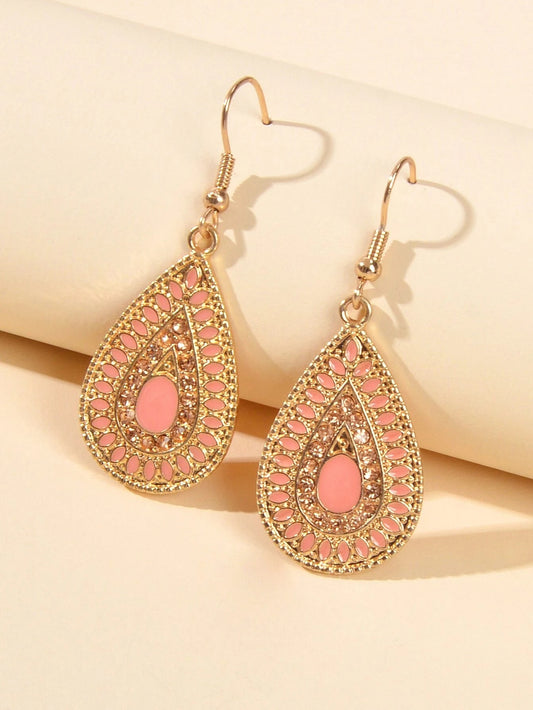 Rhinestone Pink Enamel Water Drop Earrings Teardrop Crystal Dangle Hook Ear Stud