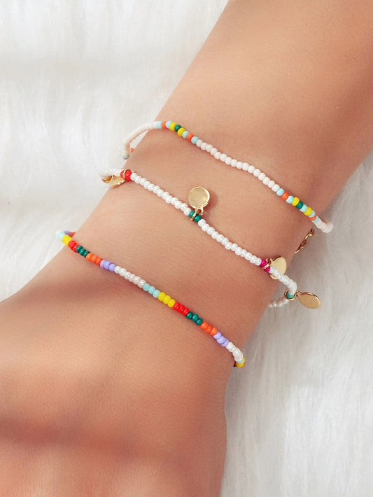 3pcs Bohemian Handmade Disc Charm Colorful Seed Beads Bracelet Ethnic Jewellery