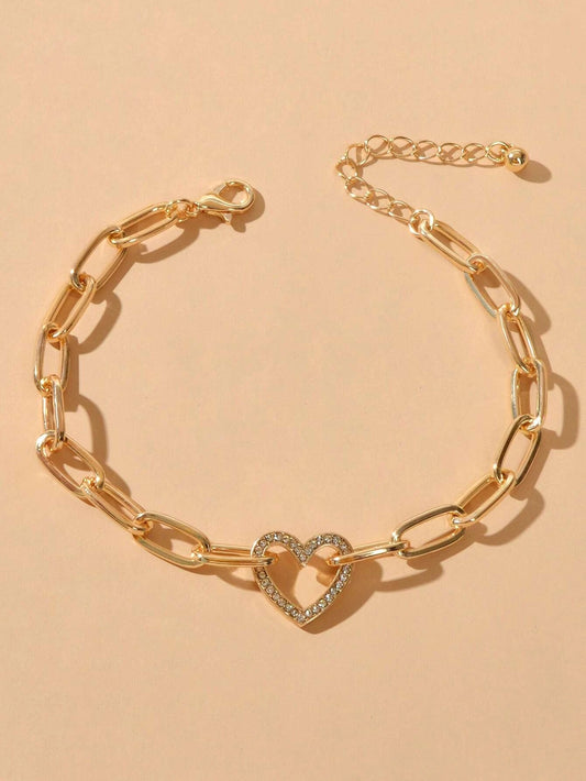 AU Local Rhinestone Love Heart Charm Chunky Gold Chain Bracelet Girl Accessories