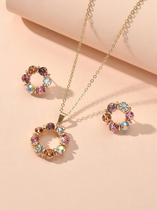 Colourful Rhinestone Flower Jewellry Set Round Charm Necklace Girl Stud Earrings