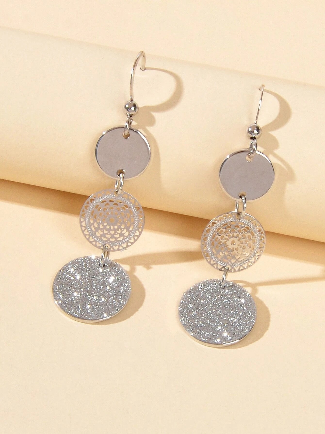 3 Tier Drop Dangle Geometric Shiny Round Disc Earrings Circle Coin Ear Jewellery