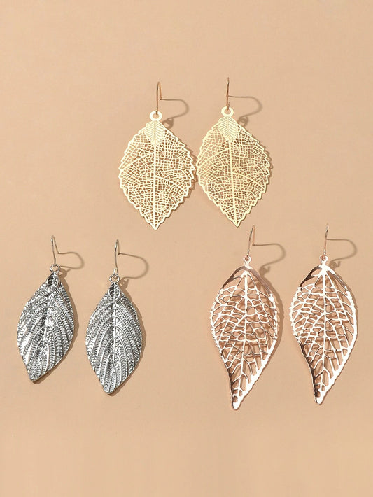 3 pairs AU Local Gold Silver Rosegold Hollow Mesh Leaf Dangle Drop Earrings set