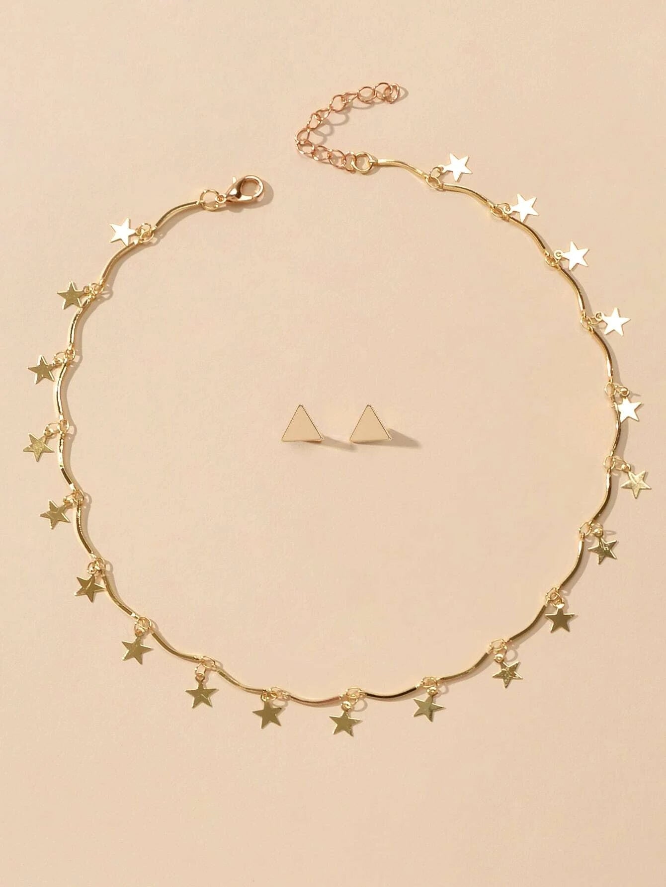 Jewellery set Fashion Gold Stars Charm Statement Necklace Triangle Stud Earrings