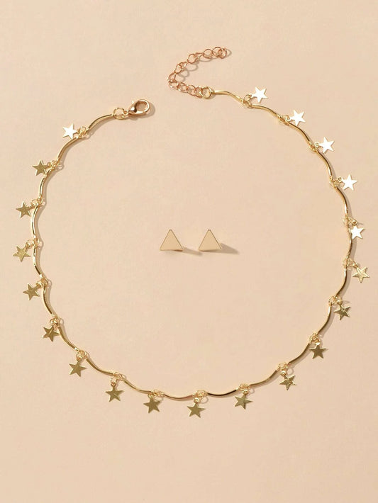 Jewellery set Fashion Gold Stars Charm Statement Necklace Triangle Stud Earrings