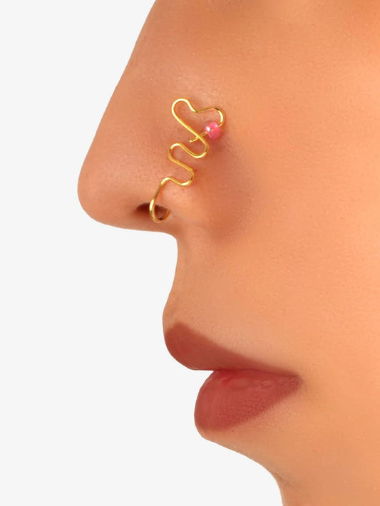 Lip Ear Fake Gold Heart Nose Rings Studs Bead Clip On Nose Hoop Piercing Jewelry