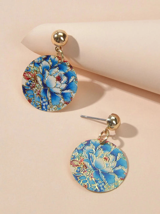 Ethnic Jewellery Blue Flower Round Drop Earrings Bohemian Women Accessories Gift