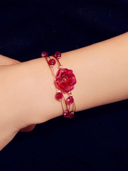 Fashion Jewellery Multi-layer Beads Chain Resin Red Rose Flower Women Bracelet