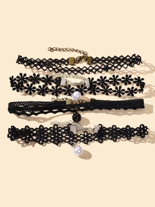 Black Elastic 4pcs Lace Flower Boho Gothic 90s Tattoo Choker Triangle Collar