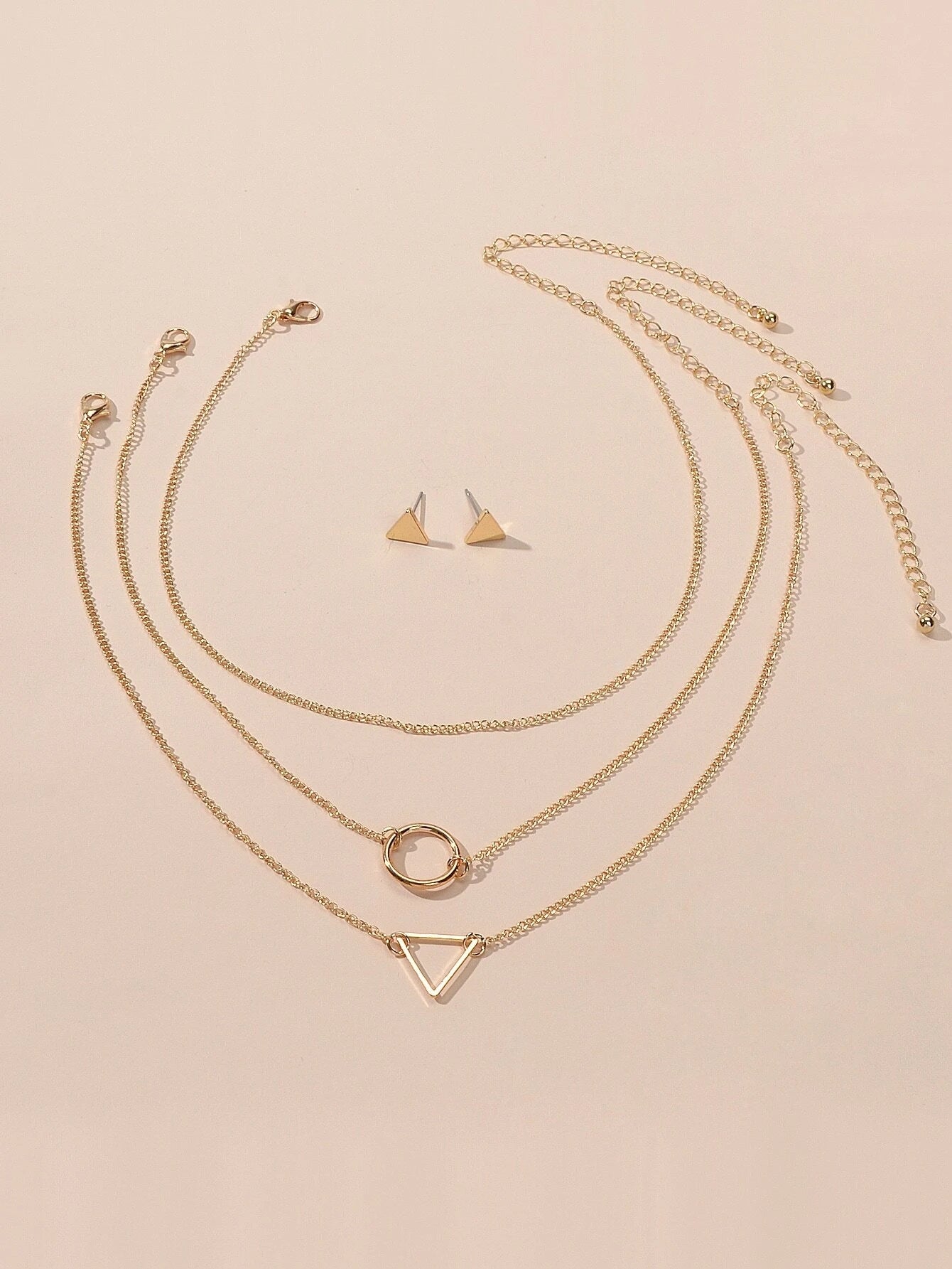 Jewellery set 3 pcs Gold Chain Circle Triangle Pendant Necklace Stud Earrings