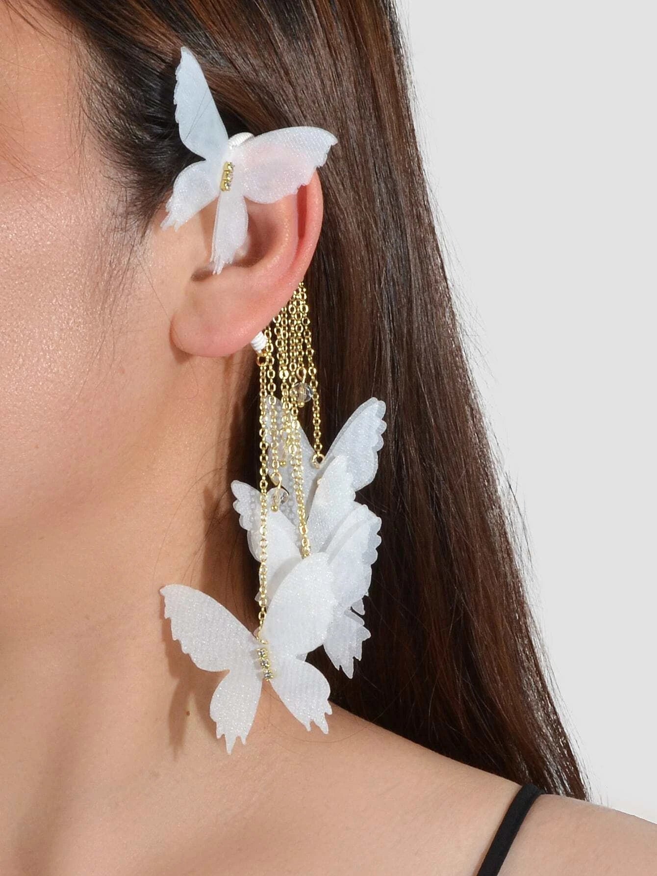 1pc Gold Tassel Chain White Handmade Butterfly Dangle Earring Ear Cuff Climber