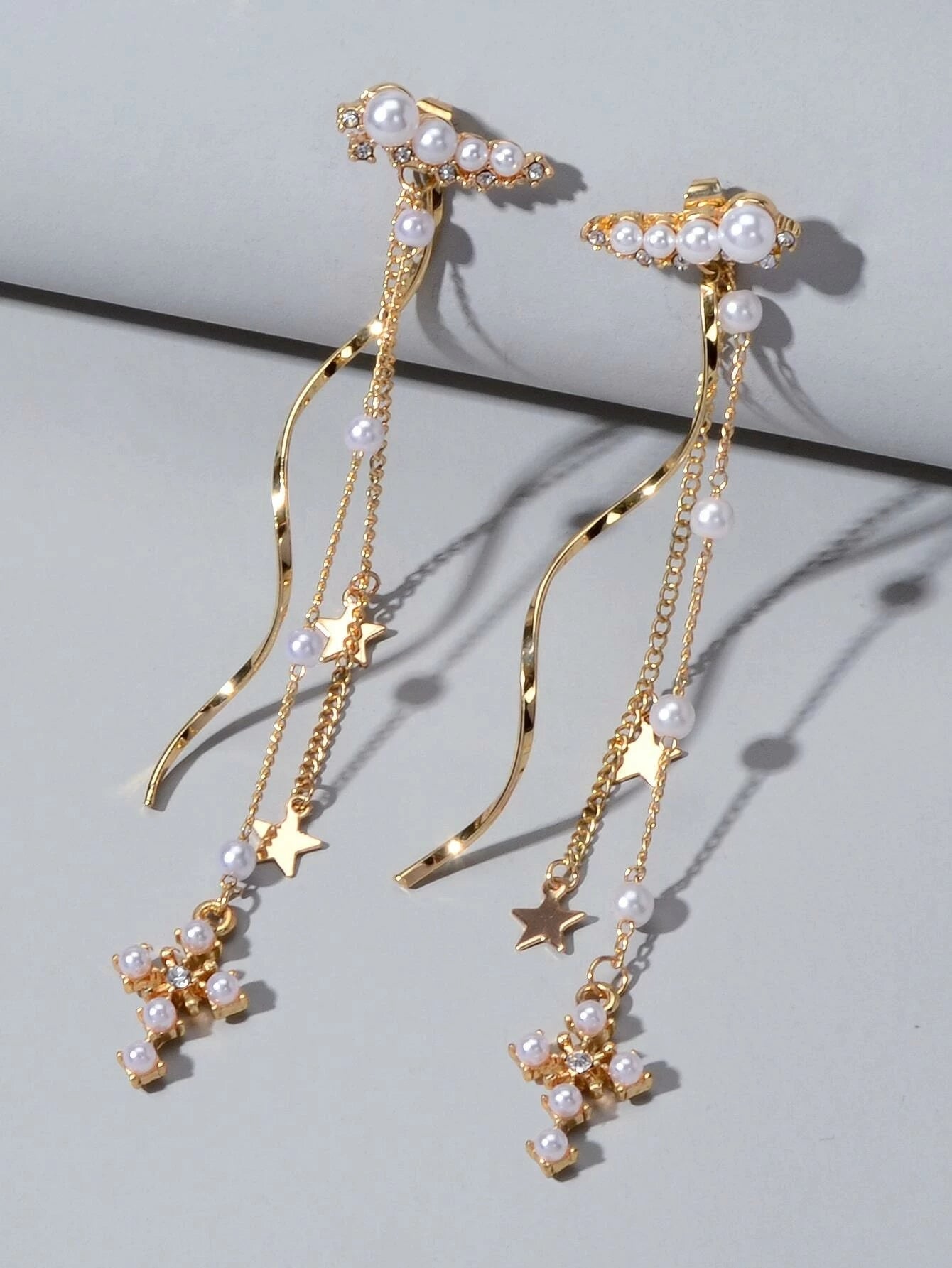 Rhinestone Pearl Gold Star Cross Charm Earrings Ear Jacket Tassel Stud Teen Gift