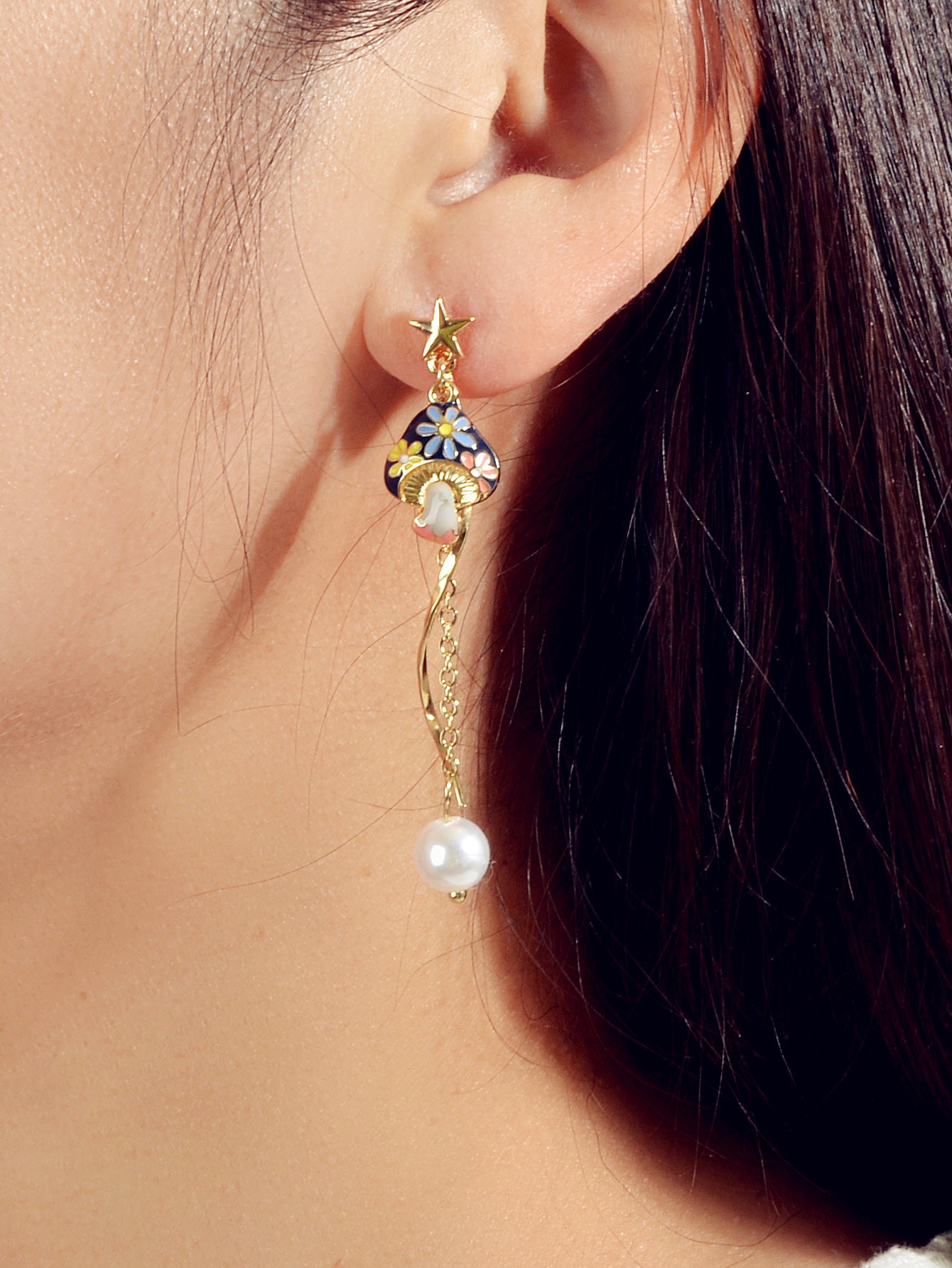 Cartoon Gold Star Colorful Rabbit Mushroom Asymmetric Pearl Blue Ball Earrings