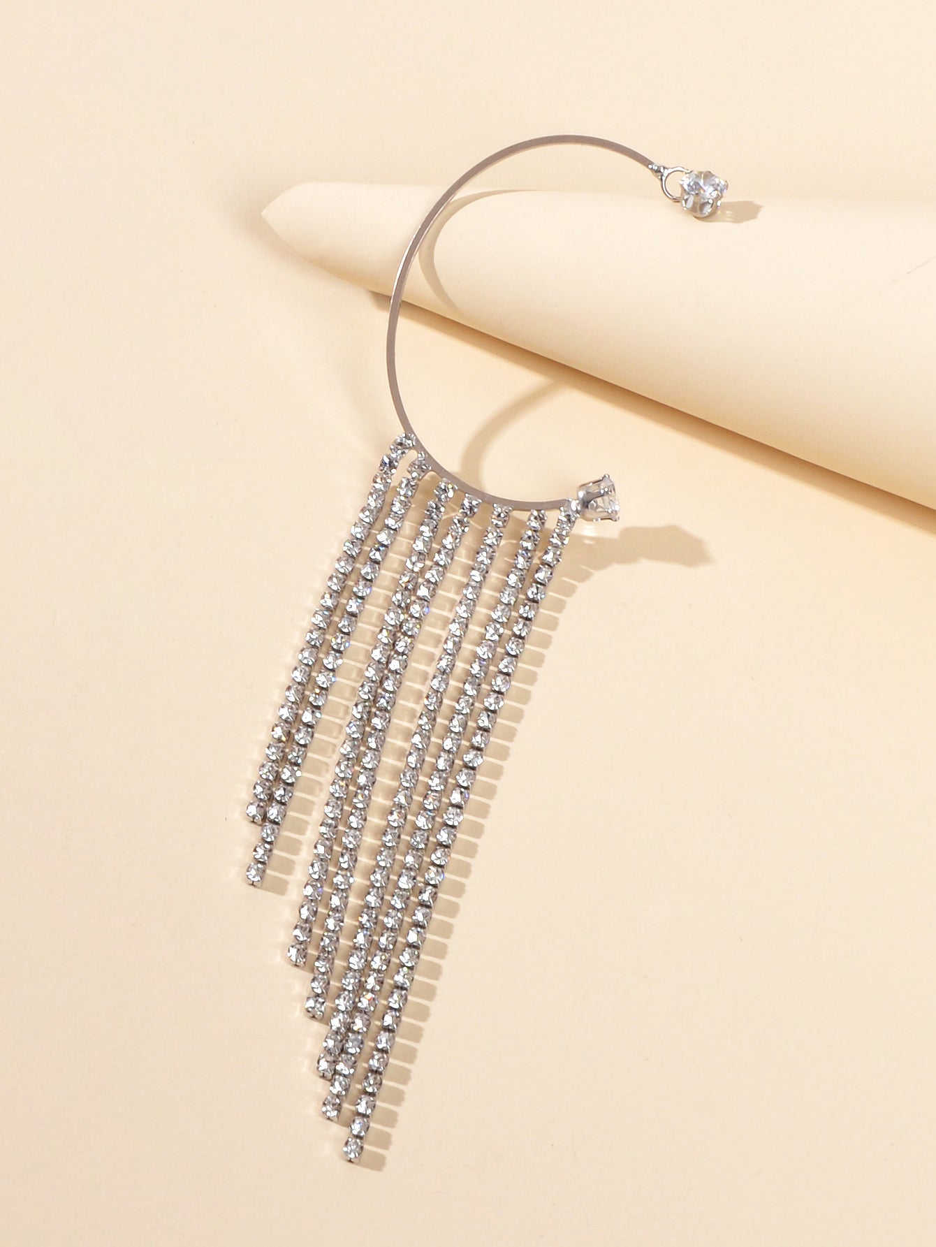 Luxurious 1pc Full Rhinestone Shining Tassel Chain Dangle Earrings Ear Cuff Gift