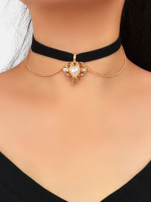 90s Gold Chain Heart Charm Black Retro Tattoo Choker Necklace Teen Grunge Collar