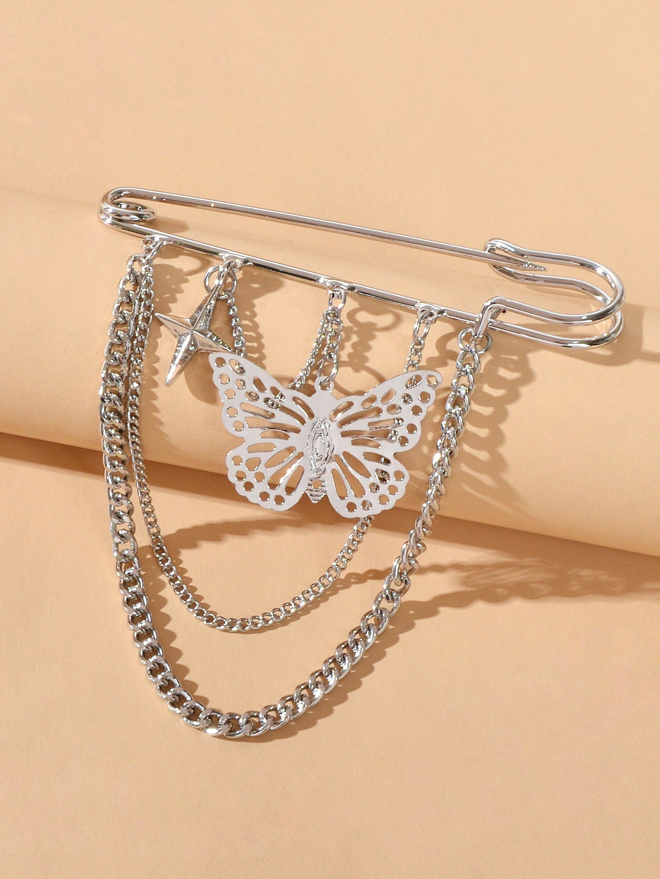 Star Butterfly Charm Silver Chain Tassel Safety Lapel Pins Brooches for Women