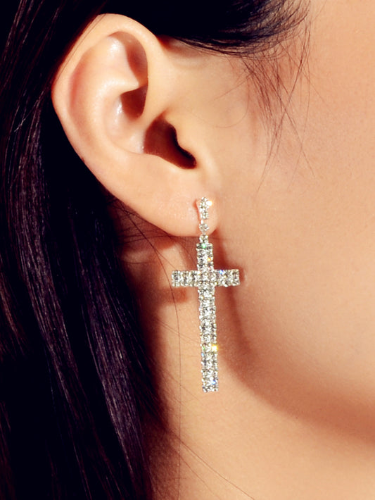 Female Jewellery Punk Shining Full Rhinestone Silver Cross Statement Earrings