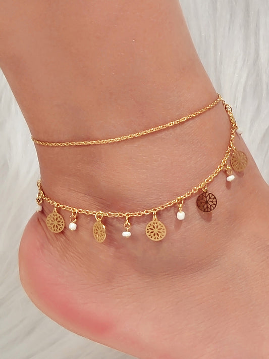 AU Stock Foot Beach Jewellery Doublelayer Chain Beads Disc Charm Anklet Bracelet