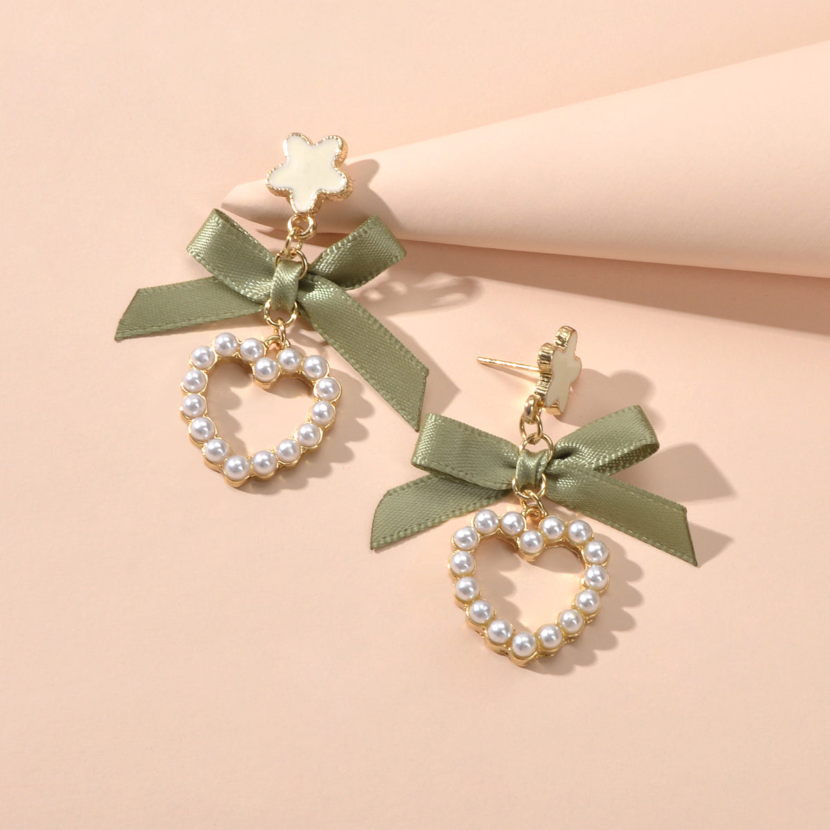 Cute Funny Handmade Enamel Flower Green Bow Pearl Heart Drop Earrings Women Gift