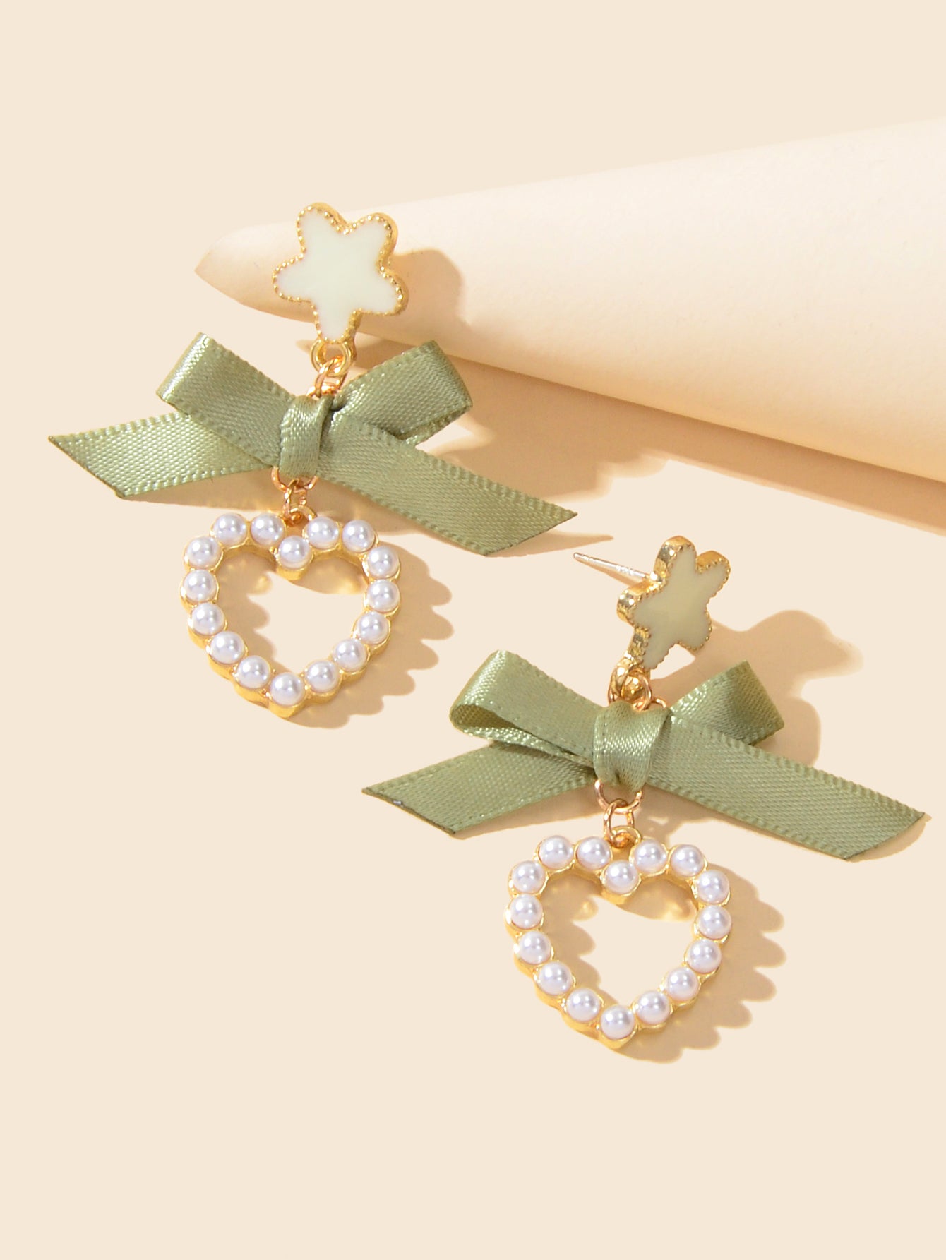 Cute Funny Handmade Enamel Flower Green Bow Pearl Heart Drop Earrings Women Gift